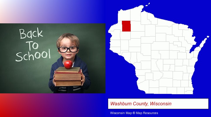 the back-to-school concept; Washburn County, Wisconsin highlighted in red on a map