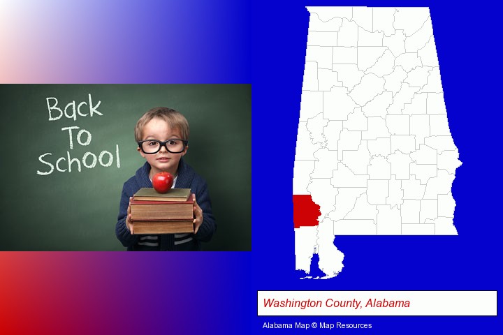 the back-to-school concept; Washington County, Alabama highlighted in red on a map