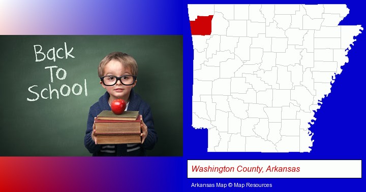 the back-to-school concept; Washington County, Arkansas highlighted in red on a map