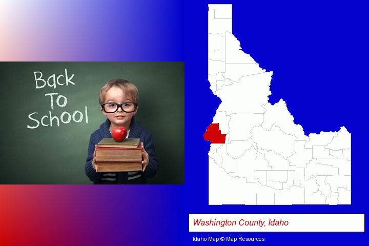 the back-to-school concept; Washington County, Idaho highlighted in red on a map