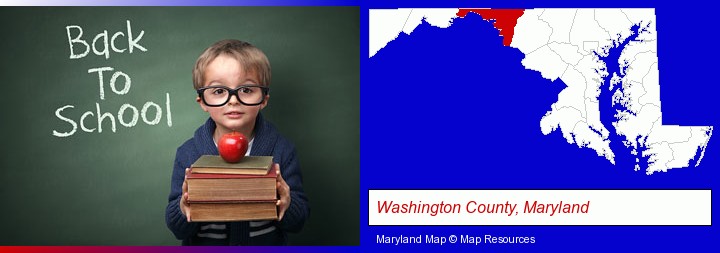 the back-to-school concept; Washington County, Maryland highlighted in red on a map