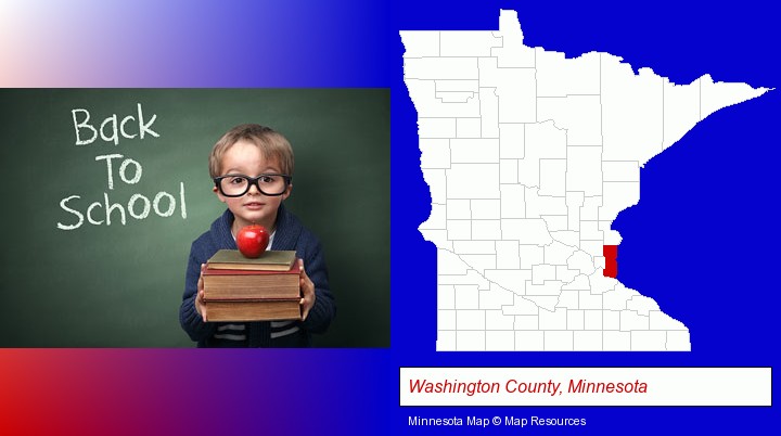 the back-to-school concept; Washington County, Minnesota highlighted in red on a map