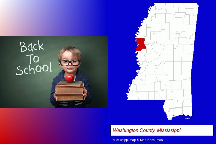the back-to-school concept; Washington County, Mississippi highlighted in red on a map