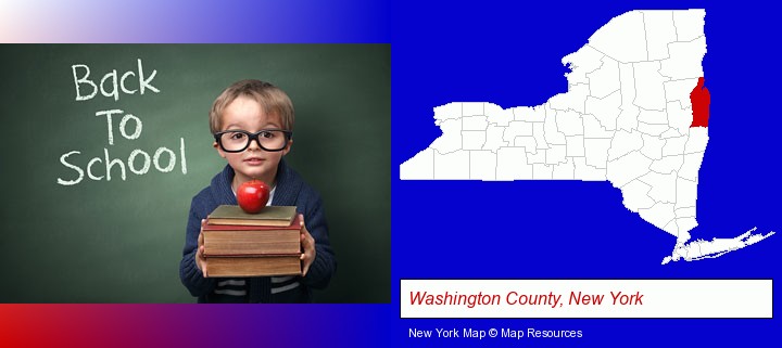 the back-to-school concept; Washington County, New York highlighted in red on a map