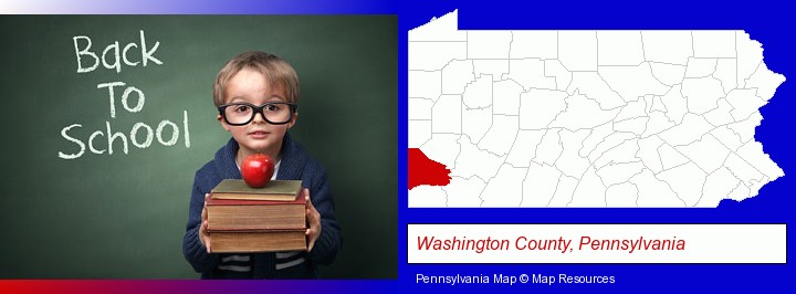 the back-to-school concept; Washington County, Pennsylvania highlighted in red on a map