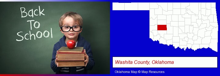 the back-to-school concept; Washita County, Oklahoma highlighted in red on a map