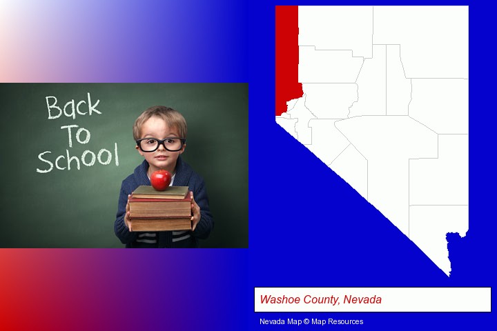 the back-to-school concept; Washoe County, Nevada highlighted in red on a map