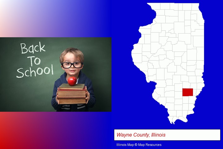 the back-to-school concept; Wayne County, Illinois highlighted in red on a map