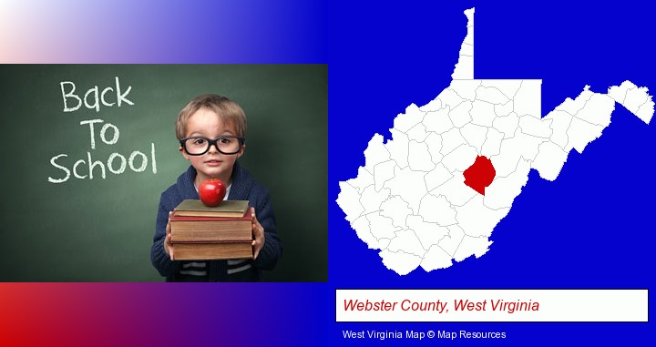 the back-to-school concept; Webster County, West Virginia highlighted in red on a map