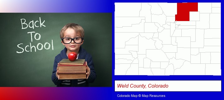 the back-to-school concept; Weld County, Colorado highlighted in red on a map