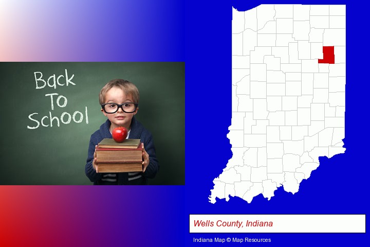 the back-to-school concept; Wells County, Indiana highlighted in red on a map