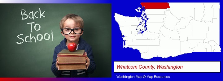 the back-to-school concept; Whatcom County, Washington highlighted in red on a map