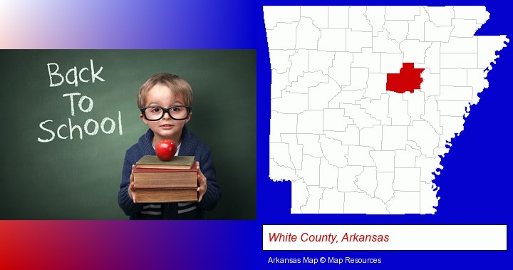 the back-to-school concept; White County, Arkansas highlighted in red on a map
