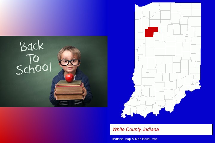 the back-to-school concept; White County, Indiana highlighted in red on a map