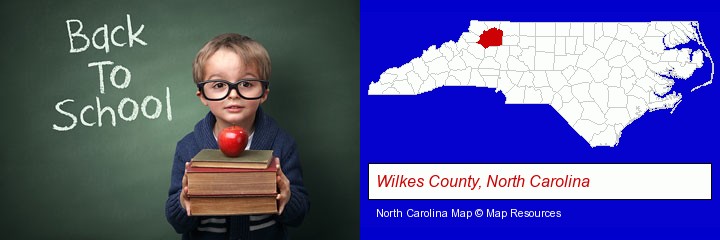 the back-to-school concept; Wilkes County, North Carolina highlighted in red on a map
