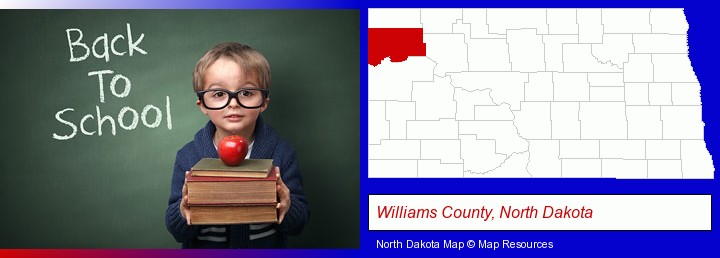 the back-to-school concept; Williams County, North Dakota highlighted in red on a map