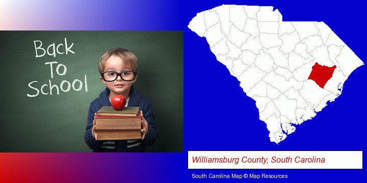 the back-to-school concept; Williamsburg County, South Carolina highlighted in red on a map