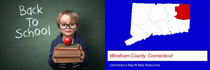 the back-to-school concept; Windham County, Connecticut highlighted in red on a map