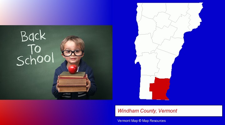 the back-to-school concept; Windham County, Vermont highlighted in red on a map