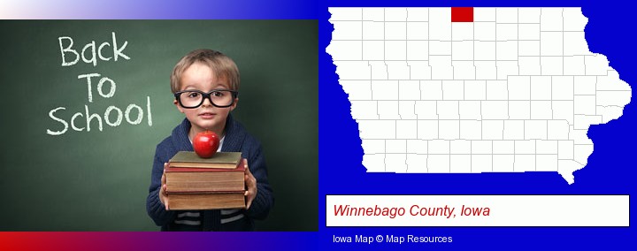 the back-to-school concept; Winnebago County, Iowa highlighted in red on a map