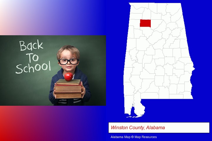 the back-to-school concept; Winston County, Alabama highlighted in red on a map
