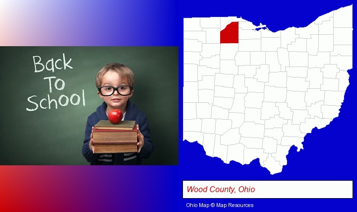 the back-to-school concept; Wood County, Ohio highlighted in red on a map