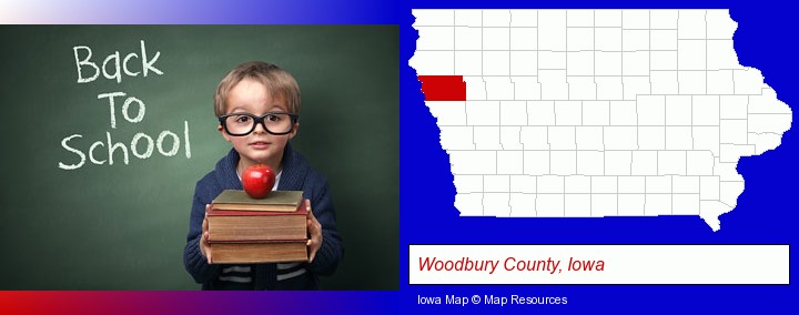 the back-to-school concept; Woodbury County, Iowa highlighted in red on a map