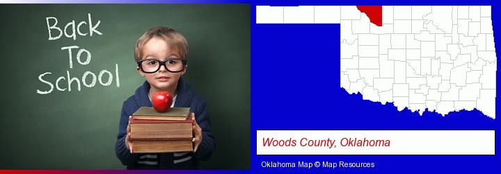 the back-to-school concept; Woods County, Oklahoma highlighted in red on a map
