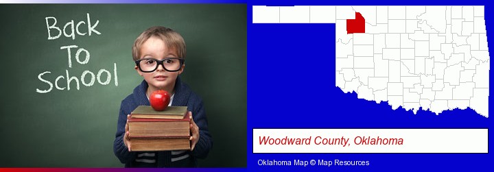 the back-to-school concept; Woodward County, Oklahoma highlighted in red on a map