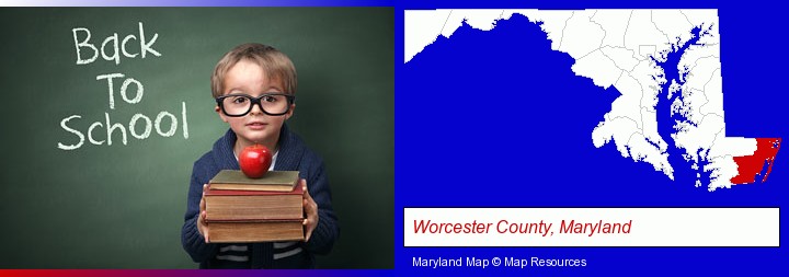 the back-to-school concept; Worcester County, Maryland highlighted in red on a map