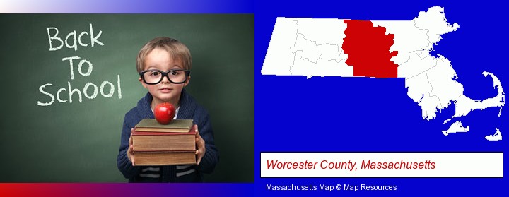 the back-to-school concept; Worcester County, Massachusetts highlighted in red on a map