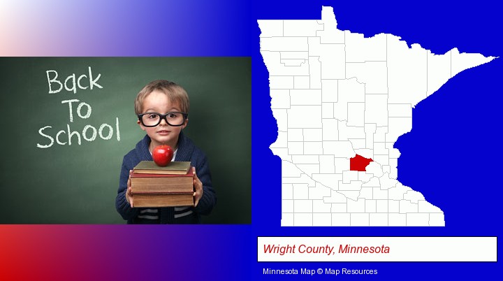 the back-to-school concept; Wright County, Minnesota highlighted in red on a map
