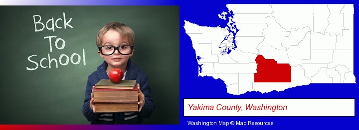 the back-to-school concept; Yakima County, Washington highlighted in red on a map