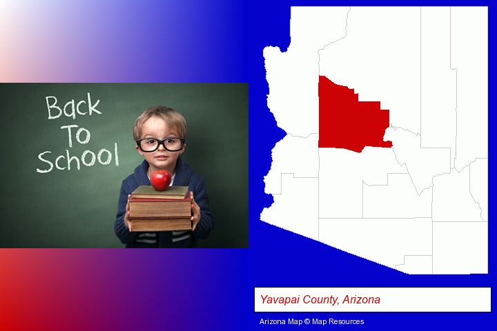 the back-to-school concept; Yavapai County, Arizona highlighted in red on a map