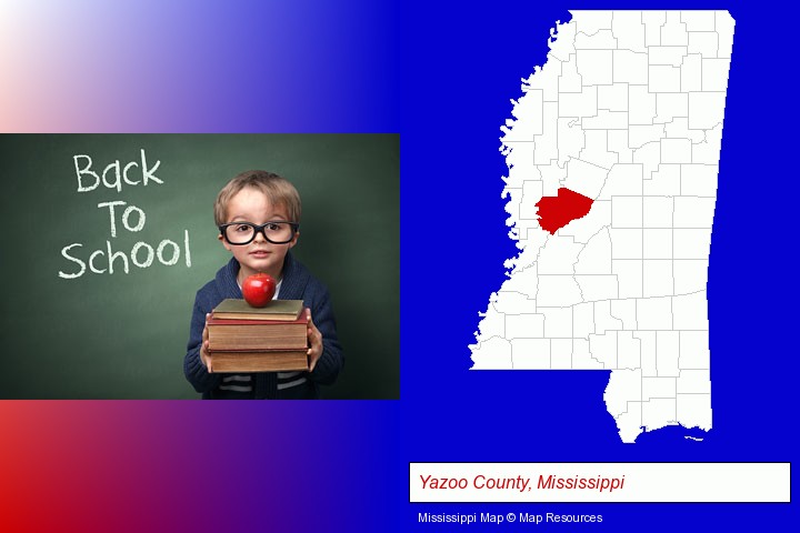 the back-to-school concept; Yazoo County, Mississippi highlighted in red on a map