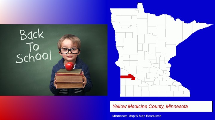 the back-to-school concept; Yellow Medicine County, Minnesota highlighted in red on a map