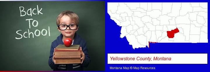 the back-to-school concept; Yellowstone County, Montana highlighted in red on a map