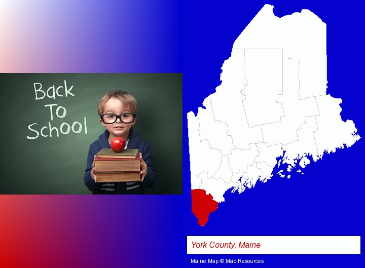 the back-to-school concept; York County, Maine highlighted in red on a map