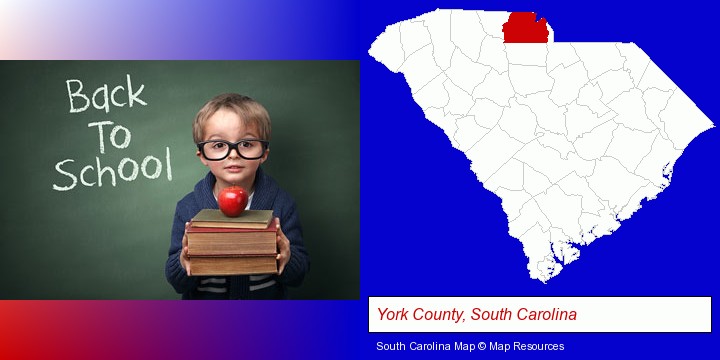 the back-to-school concept; York County, South Carolina highlighted in red on a map