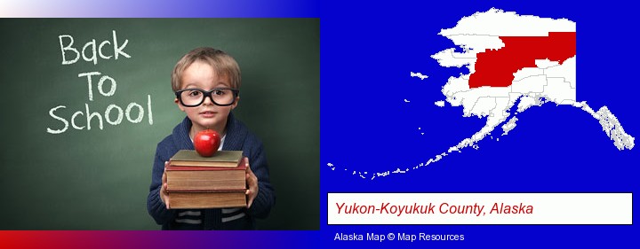 the back-to-school concept; Yukon-Koyukuk County, Alaska highlighted in red on a map