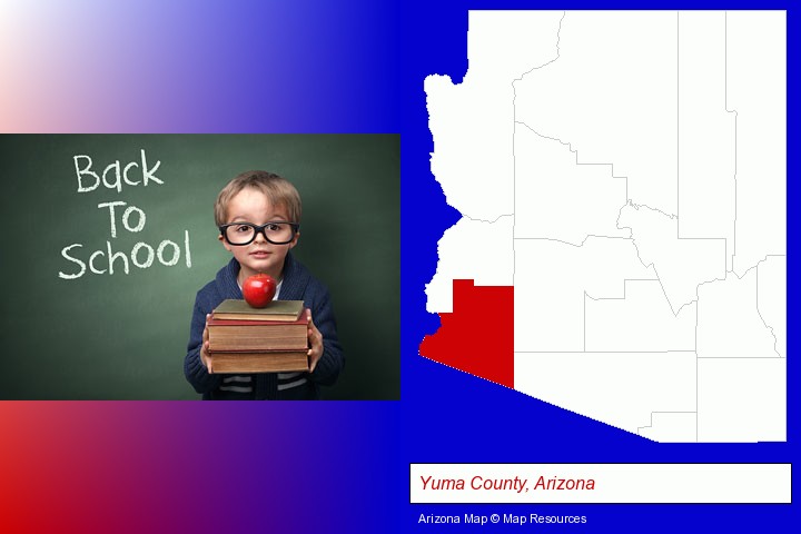the back-to-school concept; Yuma County, Arizona highlighted in red on a map