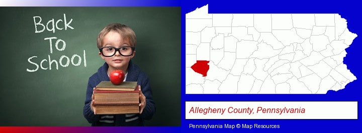 the back-to-school concept; Allegheny County, Pennsylvania highlighted in red on a map