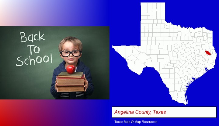 the back-to-school concept; Angelina County, Texas highlighted in red on a map