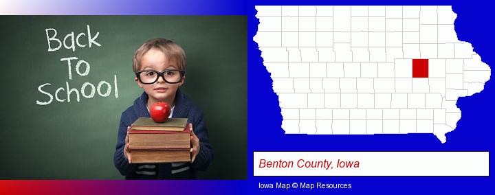 the back-to-school concept; Benton County, Iowa highlighted in red on a map