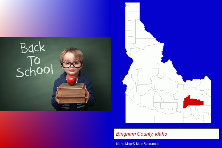 the back-to-school concept; Bingham County, Idaho highlighted in red on a map