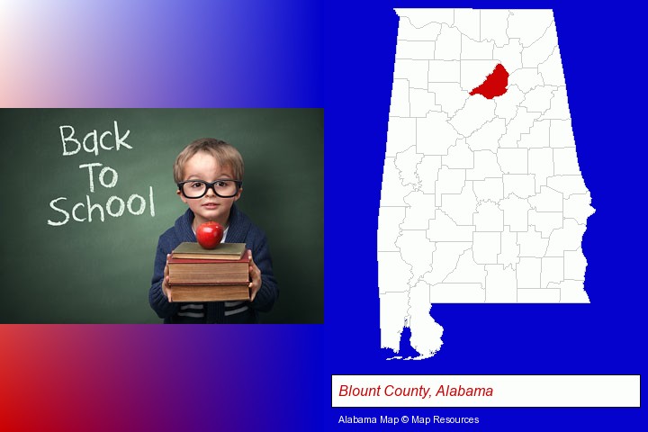 the back-to-school concept; Blount County, Alabama highlighted in red on a map