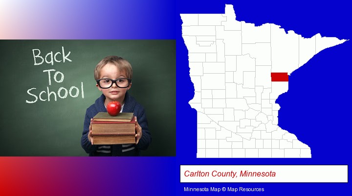 the back-to-school concept; Carlton County, Minnesota highlighted in red on a map