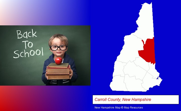 the back-to-school concept; Carroll County, New Hampshire highlighted in red on a map