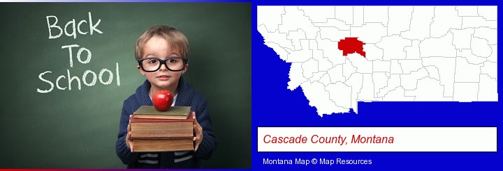 the back-to-school concept; Cascade County, Montana highlighted in red on a map