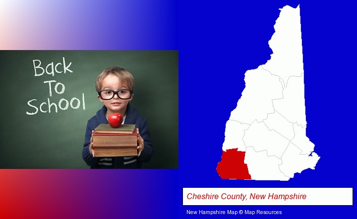 the back-to-school concept; Cheshire County, New Hampshire highlighted in red on a map